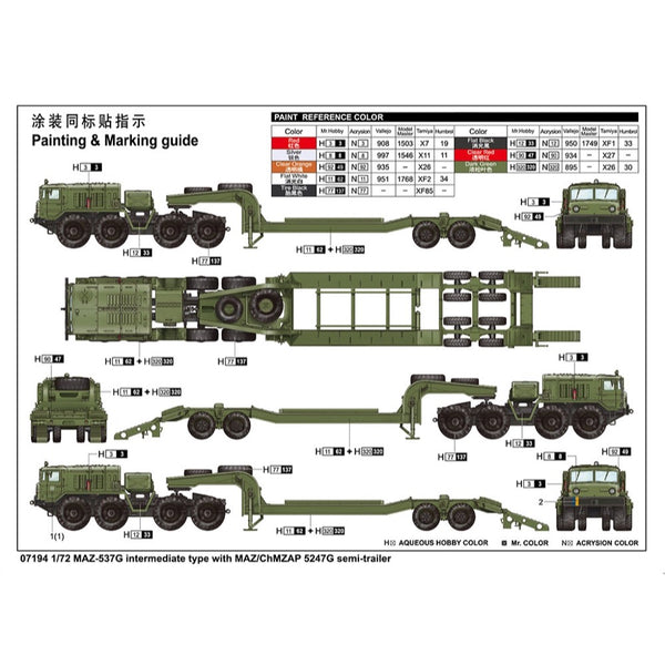 Trumpeter 07194 – MAZ-537G + Semi-Remorque 5247G – Échelle 1/72 – Kit Plastique à Assembler