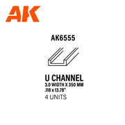 AK Interactive Styrene U Channel 3.0 Width x 350mm (Pack of 4)