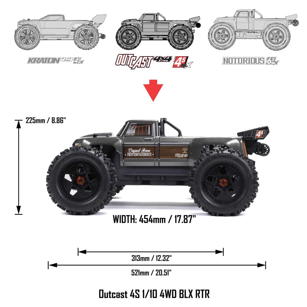 Arrma Outcast V2 4X4 BLX 4S RC Stunt Truck Gunmetal ARA4410V2T3