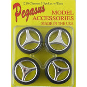 Pegasus 1/24 Three Spoke Rims with Tires Chrome for Scale Models
