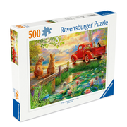 Ravensburger AJPA competition puzzle box with a scenic design of a red truck and dogs by a pond.