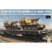 Zimi Model 1/35 15 cm sFH 13/1 (Sf) auf Gw Lrs.(f) Sd.Kfz.135/1 with German 50 Ton Type SSy45 Flatcar Schwerer Platformwagen 3 in 1