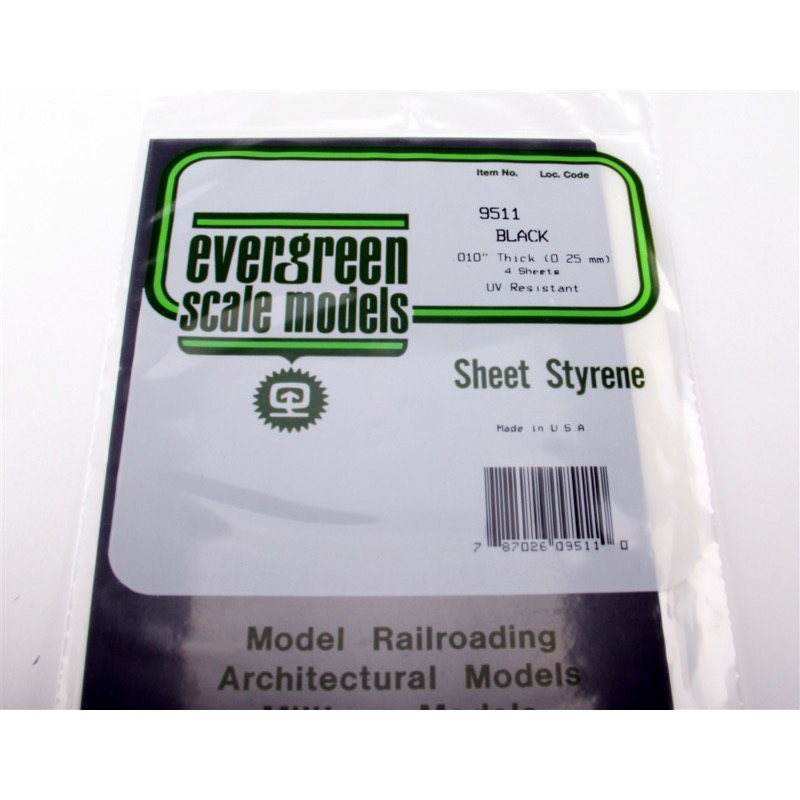 Evergreen 09511 Styrene Black Sheets .010in/0.25mm 6inx12in(x4